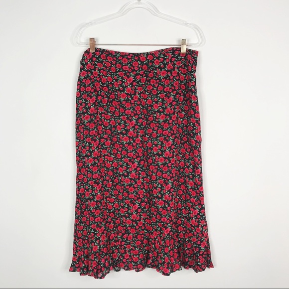 Christopher & Banks Floral Midi Skirt Black Red 14